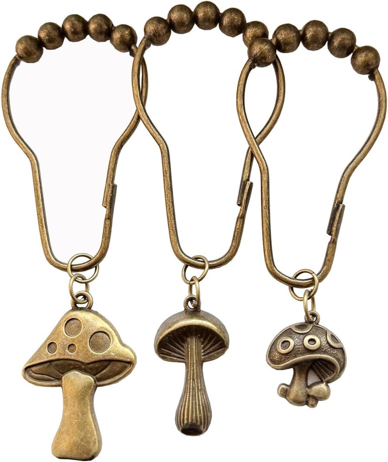 Daxingbu Mushroom Shower Curtain Hooks, 12Pcs Rustproof Metal Cute Retro Mushroom Shower Curtain Hooks Rings for Boho Fairy Forest Country Cottagecore Style Home Bathroom Decor (Set-Bronze) - Image 5